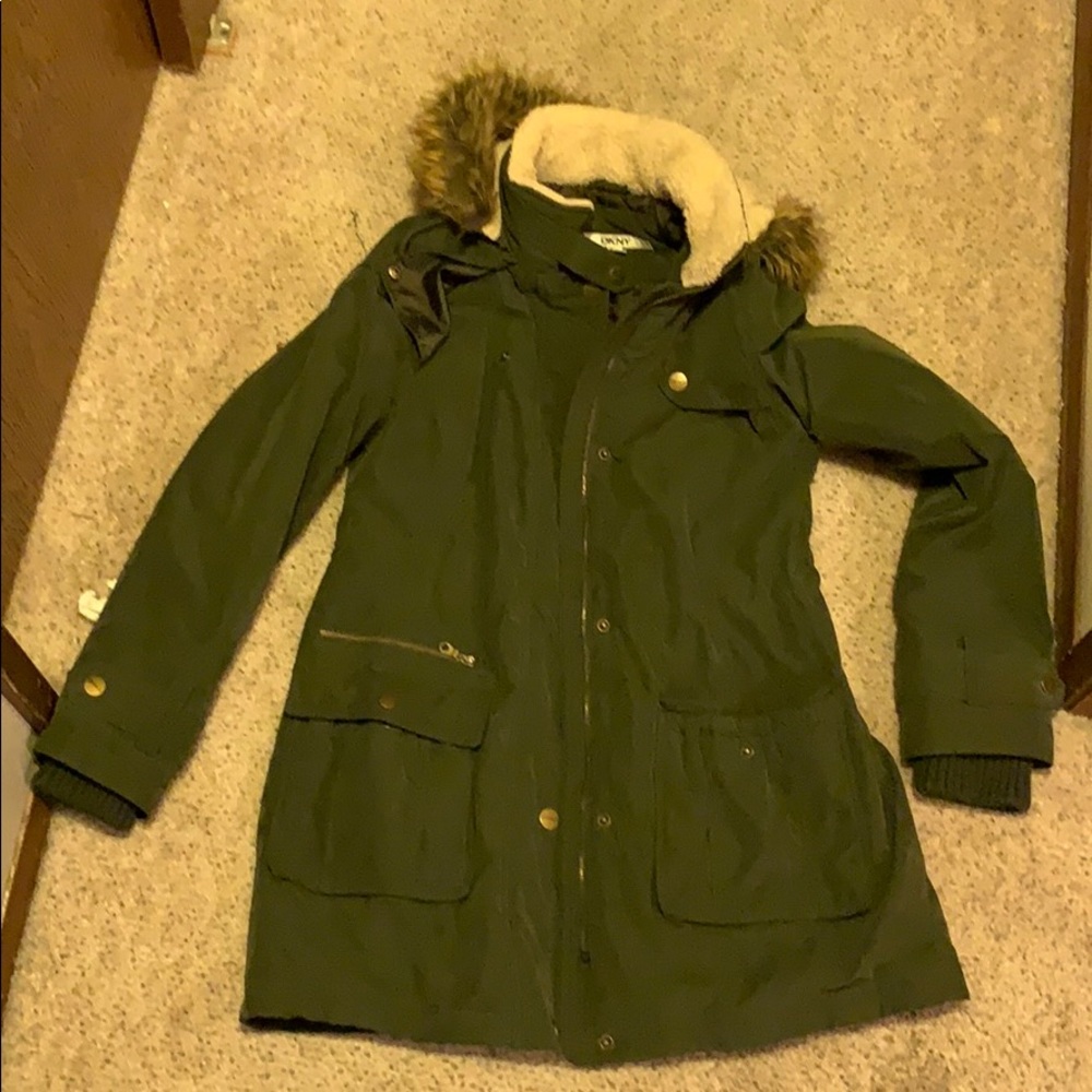 DKNY long olive green jacket